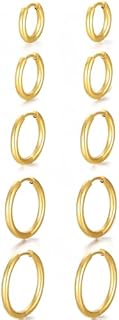 5 Pairs Gold Hoop Earrings Set for Women Hypoallergenic Stainless Steel Huggie Hoop Earrings for Girls 14K Real Gold Plated Lightweight Hoop Earrings for Gift Size 8mm 10mm 12mm 14mm 16mm (5 Pairs)