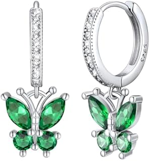 Sterling Silver Butterfly Hoop Earrings with Push-Back Finding and Created Emerald Gemstone - Cute and Charming Huggie Hoops for Women and Teen Girls