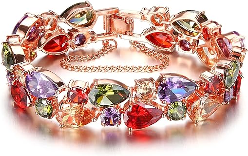 Multicolored Cubic Zirconia Gemstone Bangle Bracelet with Fold-Over Clasp for Women - Silver Plated Brass, Elegant Design, Ideal Gift