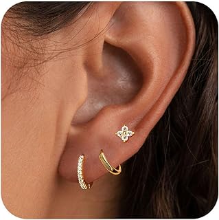 Tituthia Gold Earrings for Women Trendy, Dainty Small Hoop Earrings Set Multiple Piercing Cute CZ Flower Huggie Stud Earring 14K Gold Lightweight Hypoallergenic Cartilage Earrings Gold Jewelry for Women Girls Gifts