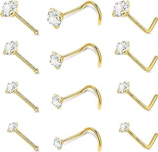 14K Gold Round Nose Ring with Cubic Zirconia for Men and Women, Set of 12 Hypoallergenic Stainless Steel Piercing Studs with Assorted Sizes and Designs by REVOLIA
