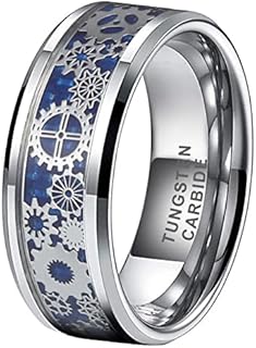 Unisex Tungsten Carbide Wedding Bands, Red Blue Green Carbon Fiber Design with Steampunk Gears Inlay, Polished Bevel-Edge for Men & Women, Comfort Fit