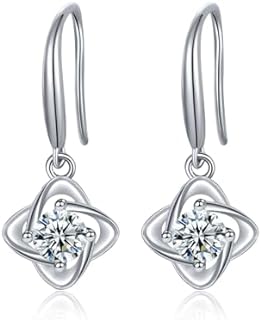 Women's 18K White Gold Plated Sterling Silver Drop Earrings with Dazzling Moissanite Diamonds in Four-Leaf Clover Design, Hypoallergenic and Ideal for All-Day Wear