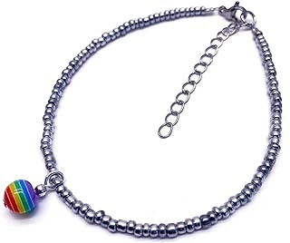 Silver Color Glass Seed Bead ANKLET with Round Rainbow Charm Bead : Adjustable 8.75-10.5 inches