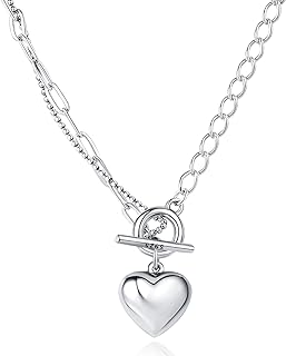 925 Sterling Silver Fashion Heart Pendant Necklaces with Toggle Clasp, Heart Toggle Chocker Necklace, OT Clasp Heart Necklace Jewelry Gift for Women Girls