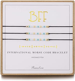 RareLove 3 Pieces BFF Friendship Morse Code Bracelet Birthday Best Friends Gift For 3 Women Girls Blue White Tiny Pony Seed Beads Black String Bracelets