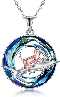 Lobster Clasp Shark Cat Pendant Necklace in Sterling Silver Cable Chain for Women - Unique Animal Lovers Jewelry Gift
