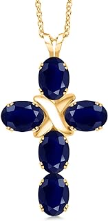 Gem Stone King 18K Yellow Gold Plated Silver Blue Sapphire Cross Pendant Necklace For Women (2.78 Cttw, Gemstone September Birthstone, Oval 6X4MM, With 18 Inch Silver Chain)