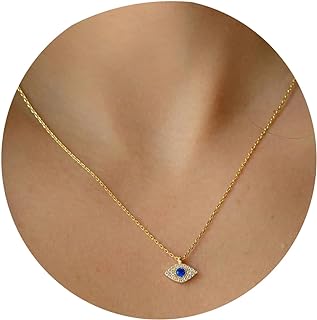 Dainty 14K Gold Plated Evil Eye Pendant Necklace with C-Link Chain and Lobster Clasp for Women and Girls, Classy Minimalist Italian Jewelry