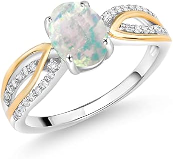 Gem Stone King 925 Silver and 10K Yellow Gold Oval Cabochon White Simulated Opal and White Lab Grown Diamond Engagement Ring For Women (1.14 Cttw, Available In Size 5, 6, 7, 8, 9)