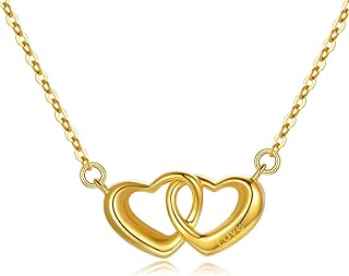 SISGEM 18k Gold Double Heart Necklace for Women, Engraved Love Fine Gold Jewelry Gifts for Her, 17"