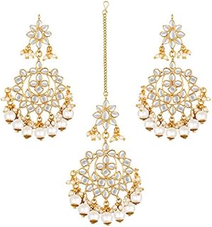 Aheli Indian Traditional Bollywood Faux Kundan Pearl Wedding Chandbali Earrings with Maang Tikka Jewelry Set for Women Girls