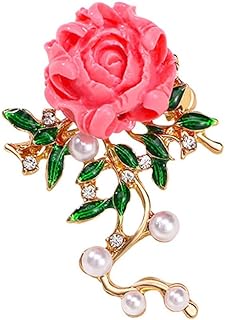 Rhinestone Peony Flower Leaf Brooch Pin for Women Girls Gold Plated Fashion Crystal Pink Rose Green Enamel Leaves Shell Pearl Brooches Lapel Pins Dainty Dress Accessories Holiday Mothers Day Jewelry Gift