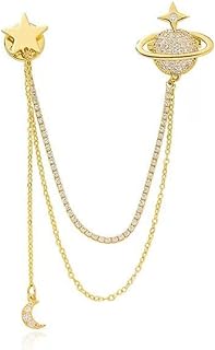 Fashion Planet Star Brooch Pin Cubic Zirconia with Crystal Tassel Chain Crescent Moon Clip Coat Suit Corsage Lapel Brooches Pins for Women Girls Clothing Jackets Badges