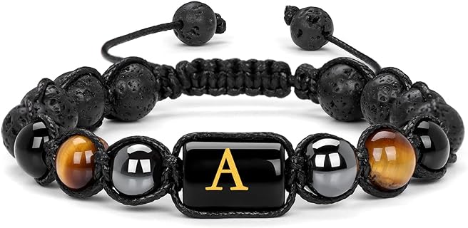 Vinswet Men's Tiger Eye & Lava Rock Crystal Bracelet, Handcrafted 8mm Beaded Protection Jewelry with Cord Chain, Adjustable Stress Relief Yoga Beads - No Clasp Design