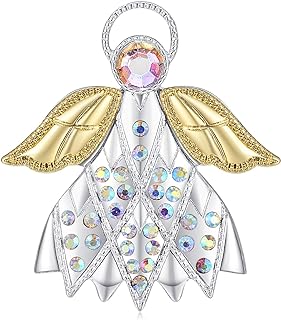 Crystal Guardian Angel Pin Silver Plated with Gold Wings Christmas Brooches for Women Gifts Winter Party Decorations with Message Card & Box