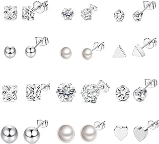 Thunaraz 12Pairs Surgical Steel Stud Earring Set Earring Ball Triangle Heart CZ Earring