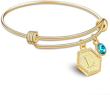 18K Gold Plated Bangles,26 Letters Initial Hexagon Pendant Adjustable Bangles,Women Charm Bracelet Bangles,Blue Rhinestone Bracelet for Girls Teenage Birthday Christmas Gifts