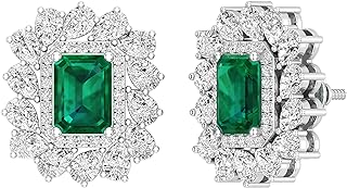 925 Sterling Silver Stud Earrings with Lab Created Emerald & Natural White Diamond