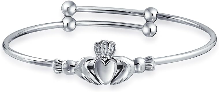 Bling Jewelry Traditional BFF Irish Lovers Heart Friendship Claddagh Bracelet Bangle For Women Teens Small Wrists 6.5 Inch Oxidized .925 Sterling Silver Adjustable