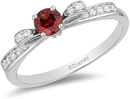 Jewelili Enchanted Disney Fine Jewelry, Sterling Silver Snow White Garnet Engagement Ring with Bow Design, Size 5