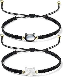 Personalized Moonstone Cat Embellished Bracelet with Adjustable Braided Rope Chain - Unisex, Handmade Nylon and Leather Jewelry Gift for Couples