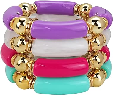 Colorful Bamboo Tube Bangle Bracelets with Bead Chain for Women and Girls - Acrylic and Alloy Chunky Design