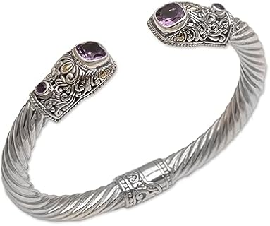 NOVICA Handmade Barong Crest - 6" L x 0.5" W, 18k Gold Accents .925 Sterling Silver Rope Pattern Cuff Bracelet, 3CT Amethyst Bangle Design