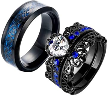 Blue Heart Cubic Zirconia Engagement Ring - Stainless Steel - His and Her Wedding Set - Modern Black-Plated Design for Couples - Titanium Men's Band & Crown Women's Set