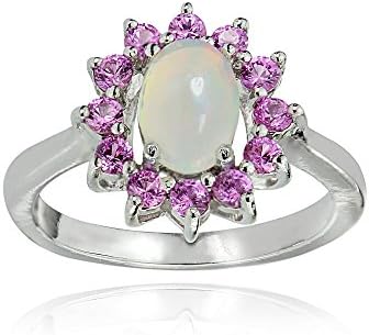 Sterling Silver Ethiopian Opal and Synthetic Pink Sapphire Oval Flower Ring
