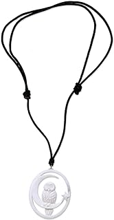 NOVICA Handmade .925 Sterling SilverBone Pendant Necklace Owl Moon in Bali Leather No Stone Ivory Cord Indonesia Animal Themed Sun 'Magic Night'