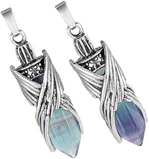 Unisex TUMBEELLUWA Hexagonal Crystal Angel Necklace Pair with Lobster Clasp - Fluorite Crystal Stone and Alloy Wing Details