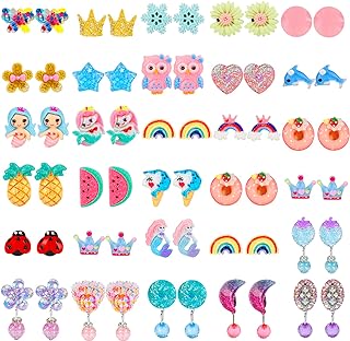 Hicdaw Magical Collection - Kids Goldstone Clip-On Earrings with Sterling Silver Accents, 30 Pairs of Comfortable Plastic Earrings in Assorted Designs for Girls Ages 4-12