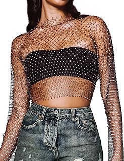 CYCLAMEN Women's Rhinestone Body Chains Long Sleeve Crop Tops Crystal See Through Mesh Diamond Fishnet Shirts Outfits