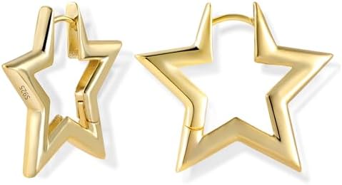 ALEXCRAFT Women's 14k Gold-Plated Sterling Silver Star Hoop Earrings with Hinged Hoops - Hypoallergenic, Trendy and Luxurious Gift Jewelry