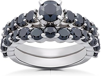 2 ct Black Diamond Engagement & Wedding Ring Set 14K White Gold
