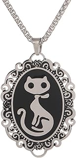 Cat Silhouette Cameo Necklace - Gothic Style Pewter Frame Pendant Necklace Mystic Witch Jewelry Gift Accessories