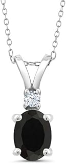 Spring Ring Clasp Black Onyx and White Sapphire Pendant Necklace in 925 Sterling Silver for Women with Cable Chain - Oval Design