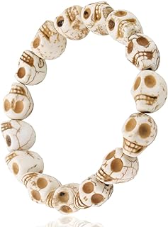 Colorful Howlite Synthetic Turquoise Bead Skull Bracelet on Stainless Steel Strand for Men and Women - Gothic/Boho Design