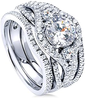 BERRICLE Sterling Silver 3-Stone Wedding Engagement Rings Round Cubic Zirconia CZ Ring Set for Women, Rhodium Plated Size 4-10