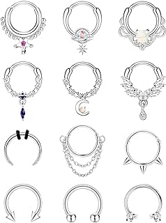 Hinged Clicker Septum Nose Rings - Stainless Steel Danglers with Cubic Zirconia Gems - Versatile for Women and Men - Assorted Designs - 12Pcs by FUNRUN JEWELRY