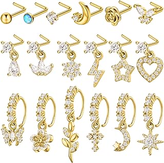 Bonuci 18 Pcs Dangle Nose Ring L Shaped Dangling Nose Stud Nose Ring Hoop Indian Nose Piercing Jewelry with Charm