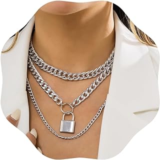 Chunky Chain Necklace Punk Layered Choker Necklaces Cuban Link Chain Necklace with Lock Pendant Necklace Statement Necklace for Women and Girls