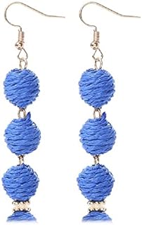 Handwoven Long Natural Rattan Raffia Ball Drop Dangle Earrings Boho Braid Straw Wicker Beaded for Women Girls Handmade Colorful Bohemian Summer Beach Holiday Jewelry