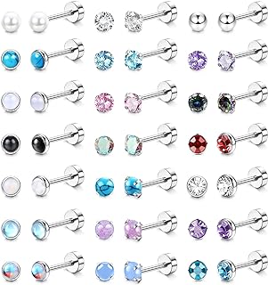 YADOCA 21Pairs Hypoallergenic Screw Back Stud Earrings for Women Men 20G Tiny Surgical Steel Flat Back Stud Earrings Set CZ Opal Moonstone Turquoise Flatback Earrings Cartilage Earrings Piercing Jewelry