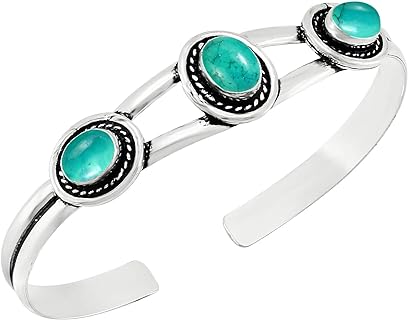 925 Silver Plated Oval Shaped Turquoise Cuff Bangle with Natural Moonstone, Tiger Eye, Lapis, Malachite, Carnelian, Labradorite from India