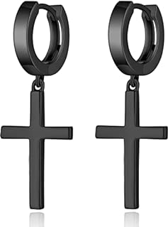 Mens Black Cross Dangle Earrings with Cubic-Zirconia in Sterling Silver, Hoop Cross Drop Design