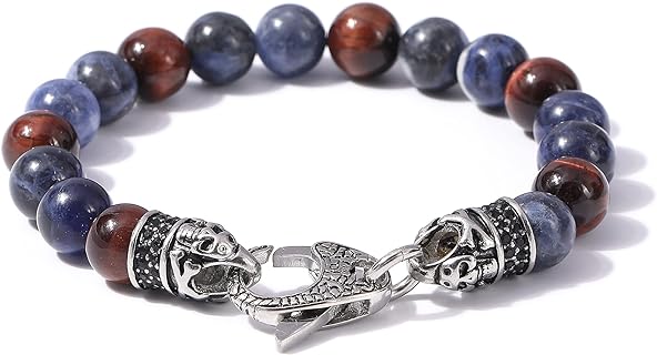 Mens Beaded Bracelets Gifts: 10mm Tiger Eye Mens Bracelet Black Mens Bracelets Beads with Lava Rock Stone and Stainless Steel Clasps as Mens Jewelry Gift of Anxiety Bracelets and Stress