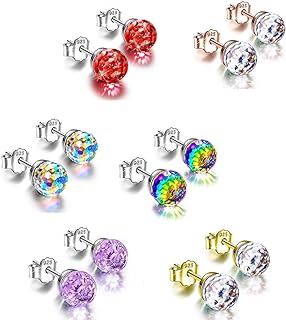 6 Pairs Colorful Crystal 6mm Rainbow Mirror Disco Ball CZ Stud Earrings Set Hypoallergenic for Women Girls Anniversary Birthday Gift 60's or 70's Jewelry