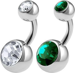 Surgical Steel Short Belly Button Rings with Crystal Accents for Women - Shallow Navel Piercing Studs - No Overhang Design - Pack of 2